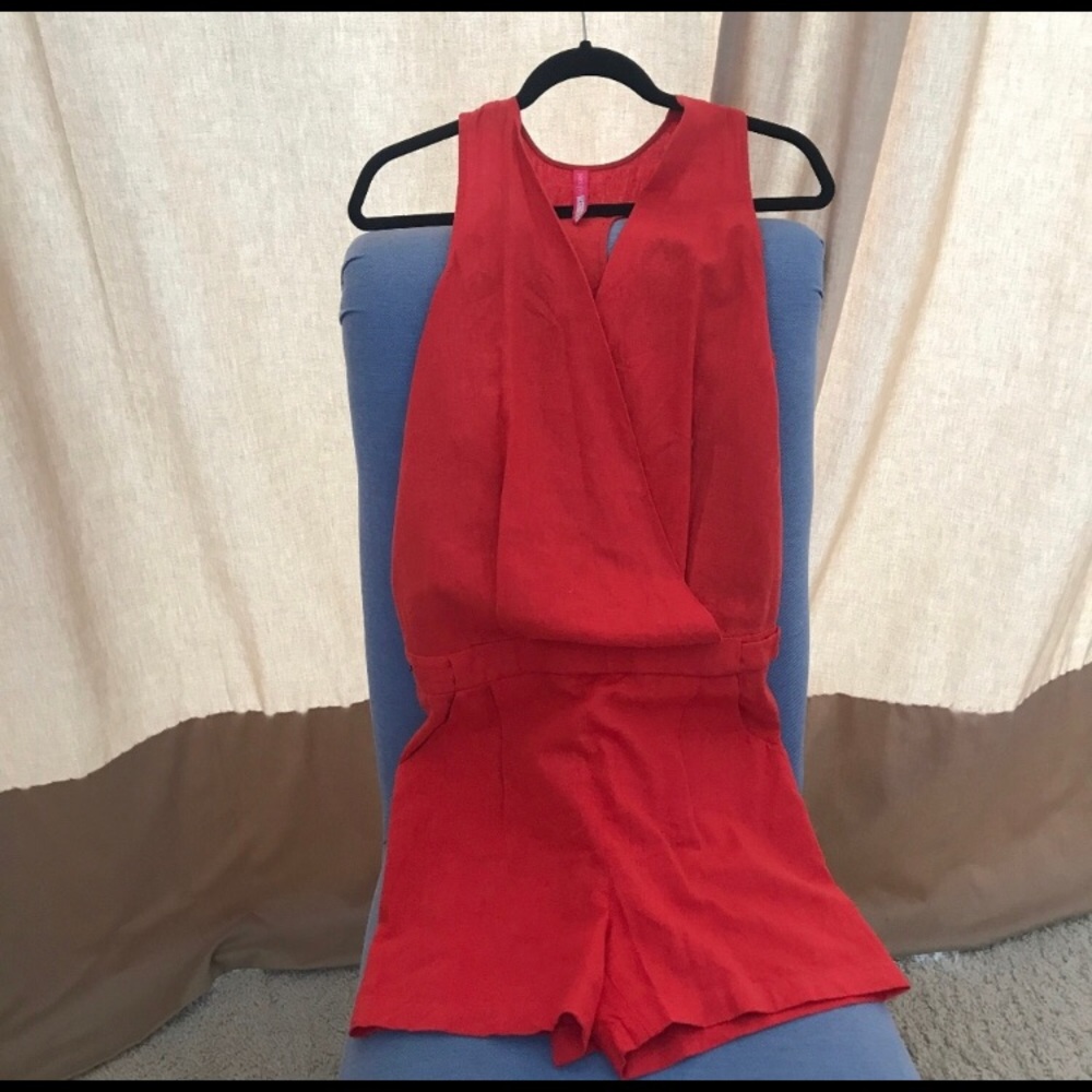 Red 100% linen romper